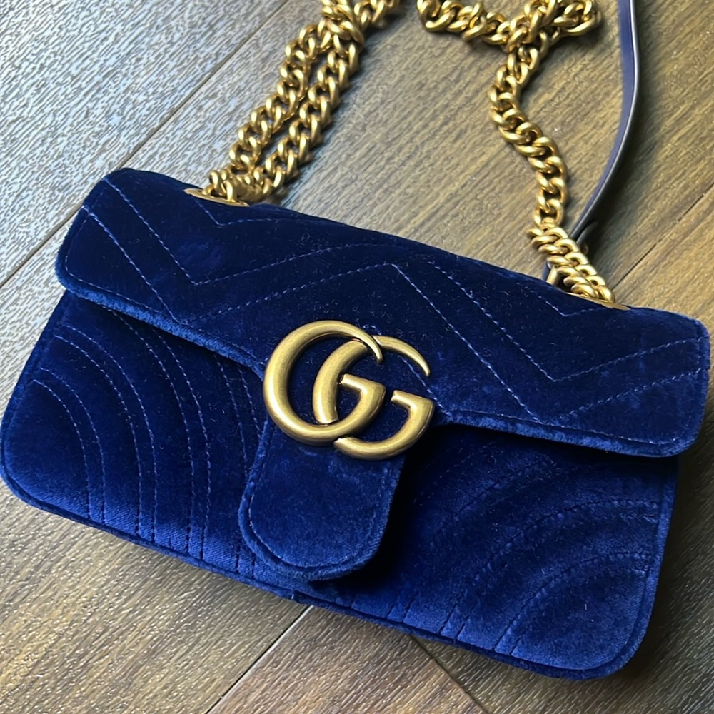 SOLD! Gucci blue velvet marmont bag